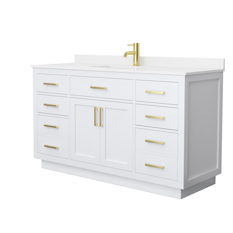Meuble-lavabo simple 60 po avec plateau en quartz Beckett TK, Or brossé, Simple, White