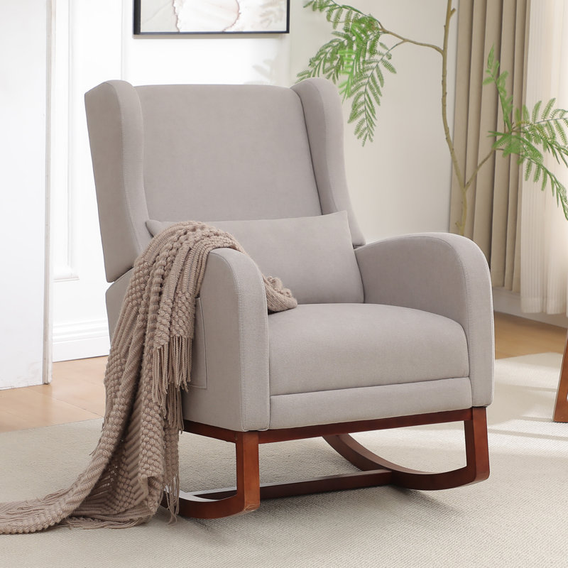 Chaise berçante de 30 po de largeur avec pieds et repose-pieds en bois massif, Mélange de lin gris clair