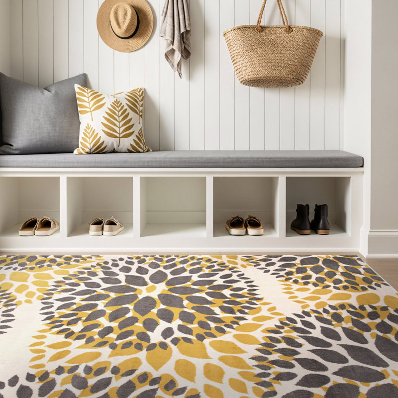 Tapis à motif floral jaune / gris foncé / ivoire, Rectangle 3 pi 1 po x 5 pi