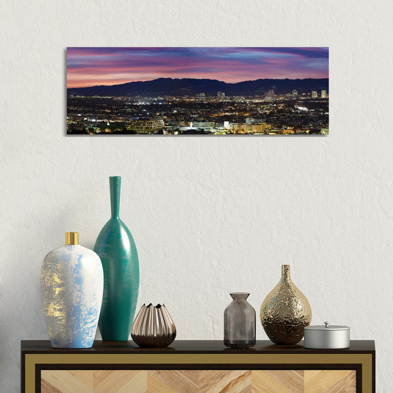 High Angle View Of A City At Dusk, Culver City, Santa Monica Mountains, West Los Angeles, Westwood, California, USA - Wrapped Canvas Panoramic Print