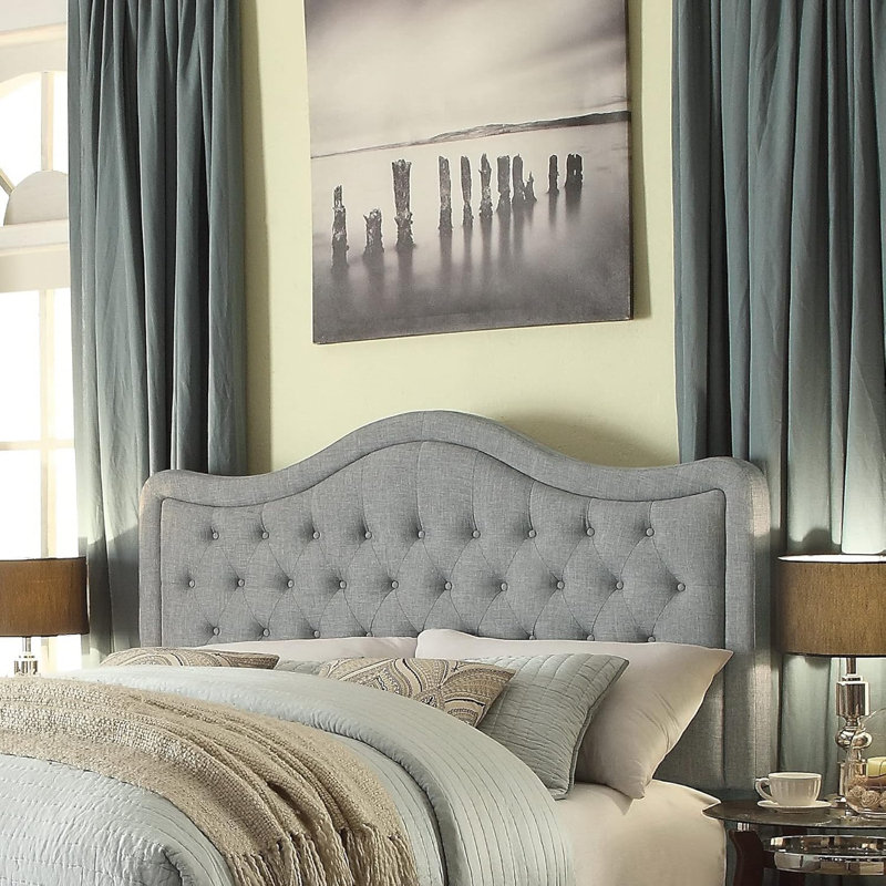Tête de lit réglable avec revêtement en lin fin et capitonnage pour la chambre à coucher, Gris, Grand