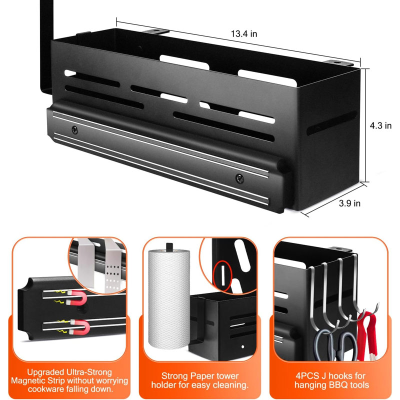 Porte-plaque chauffante pour plaque chauffante 28 po / 36 po, support d'accessoires pour barbecue avec bande magnétique et porte-papier, grille de rangement compacte pour barbecue