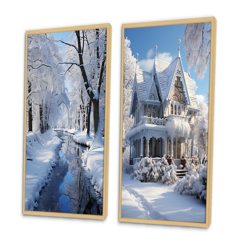 «Winter Snowy Cottage», 2 pièces sur toile, H 40 po x l 40 po, Encadrement brun