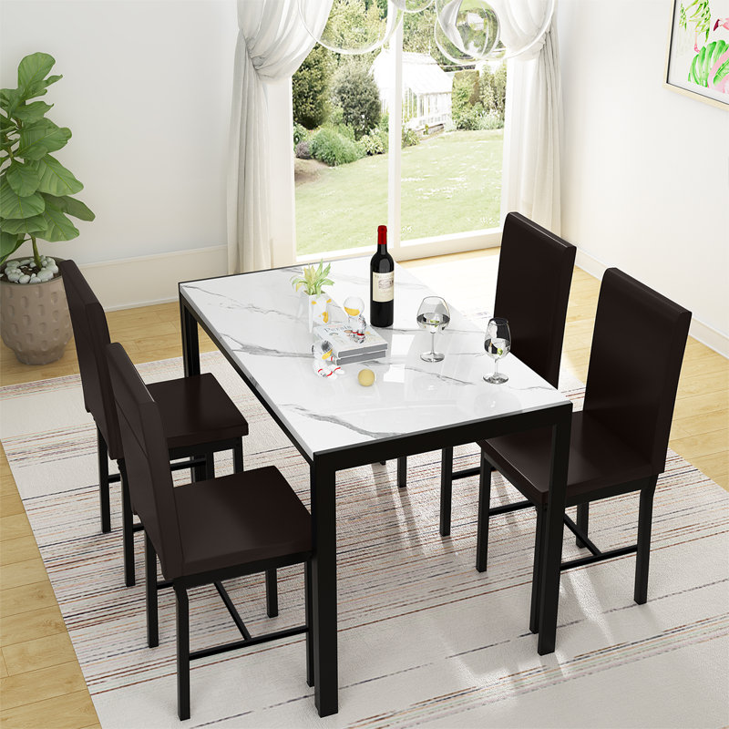 Saulo 4 - Person Faux Marble Top Four Leg Dining Set, White