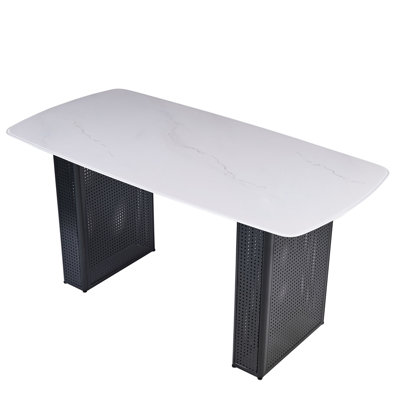 Modern Rectangular Tempered Glass Dining Table, Marble-Patterned Design with Dual-Pedestal Metal Base, Ideal for Dining Room & Home Office