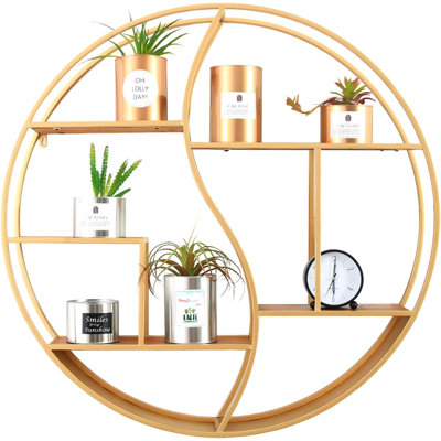 Tablette flottante ronde murale - structure en métal avec organisateur de présentation en bois rétro pour le salon, la salle de bain, le décor de la cheminée