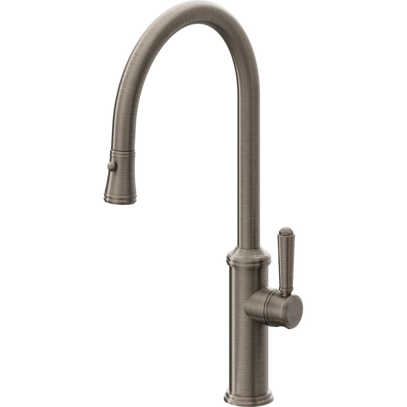 Davoli Pull-Down Kitchen Faucet with Button Sprayer - High Arc Spout, Antique Nickel Flat