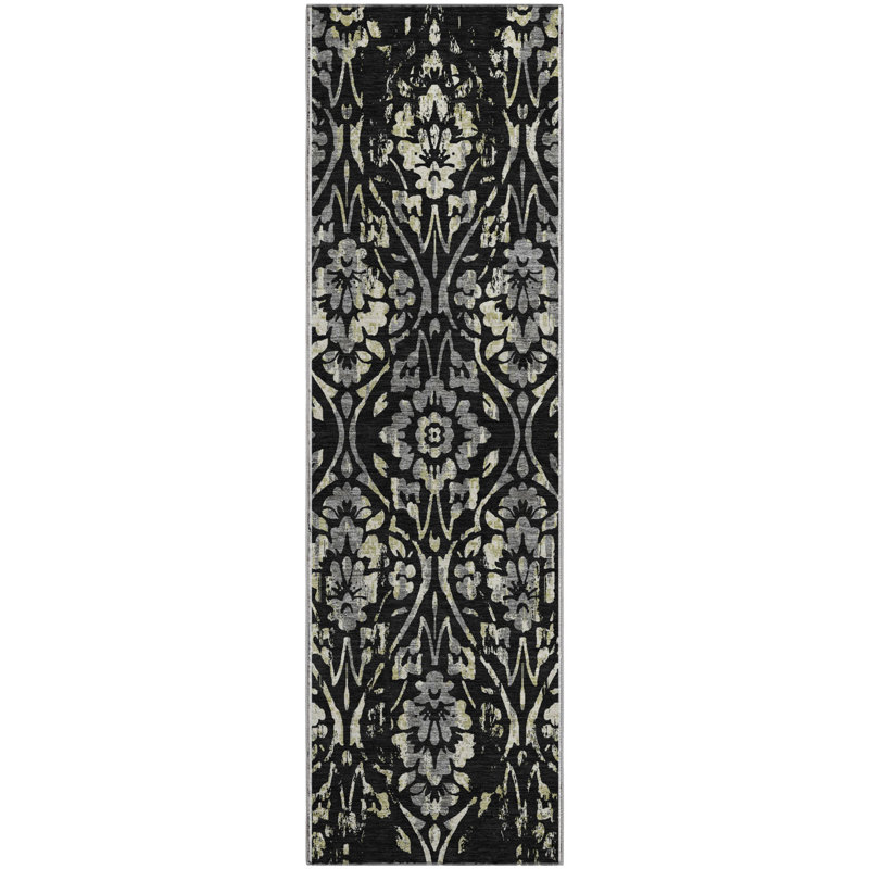Premium Machine Washable Prisco Black Rug, Runner 2'3" x 7'6"