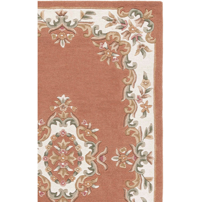 Tapis floral en laine / coton touffeté à la main Aubusson pêche / ivoire, Rectangle 3 pi x 5 pi