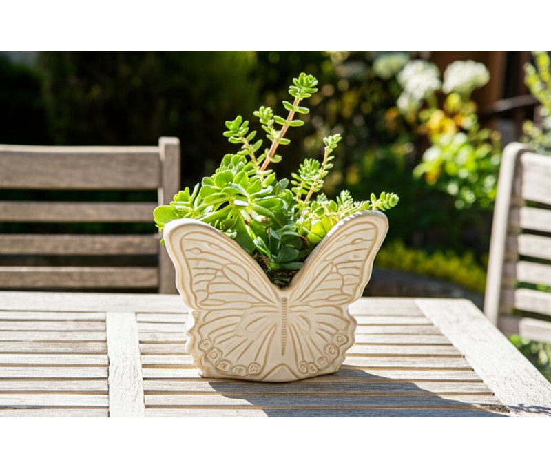 Ceramic Stoneware Planter with Embossed Butterfly Design and Sculpted Wings for Decorative Display, 5" H x 7" W 4" D