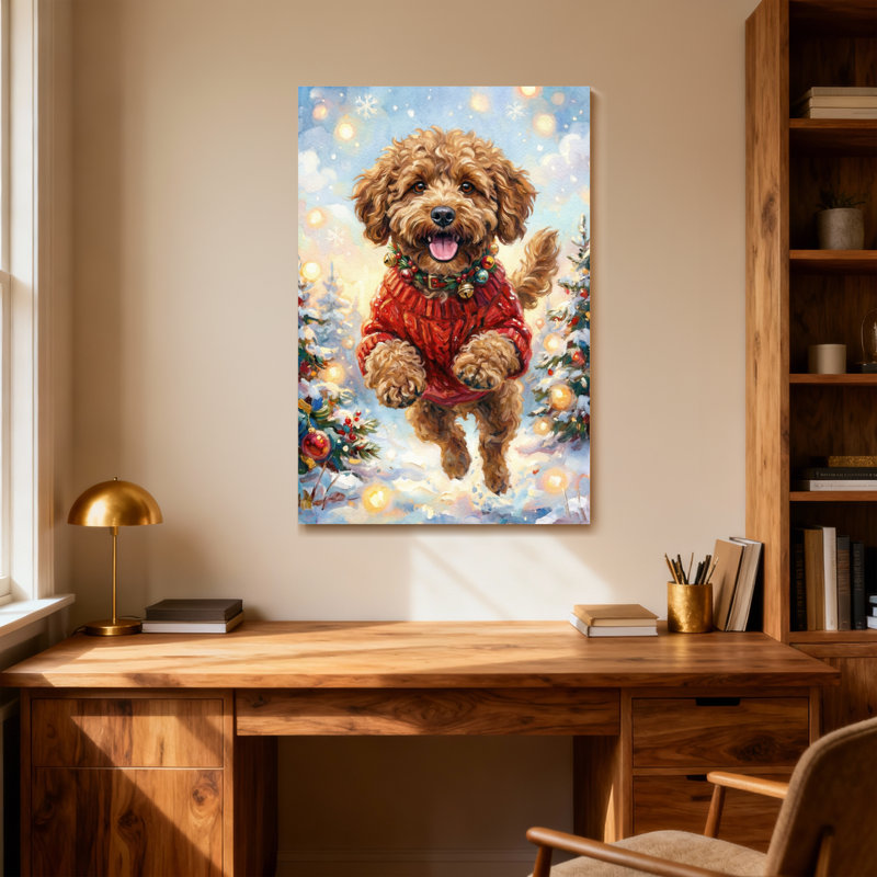 Animaux, chien de Noël en chandail rouge sautant, H 40 po x l 28 po