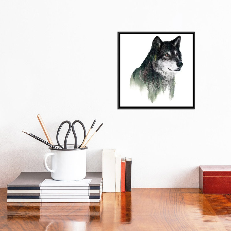 « loup i », impression sur toile, H 18 po x l 18 po x p 1,5 po, Toile avec cadre noir, Pas de tapis