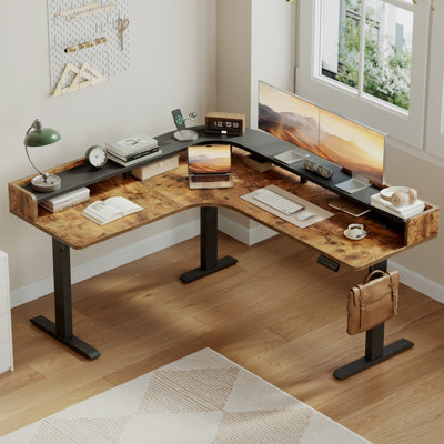 Bureau debout à hauteur réglable en L 62,9 pouces avec tablette pour moniteur et bureau de coin assis-debout avec rangement pour postes de travail, brun rustique