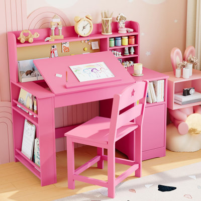 Modern Wooden Desk and Chair Set with Tilting Desktop, Hutch and Storage Cabinet, Multi-Functional Study Table for Home by Ebern Designs