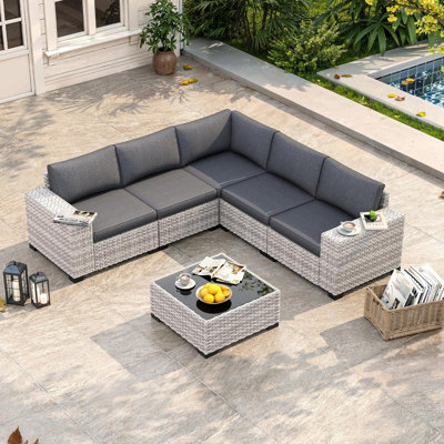 5-Seat Outdoor Wicker Sectional Sofa Set with Coffee Table, Black