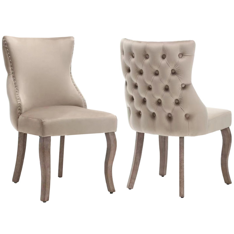 Seaham 37cm H Velvet Upholstered Side Chair, Beige, Brown Wood