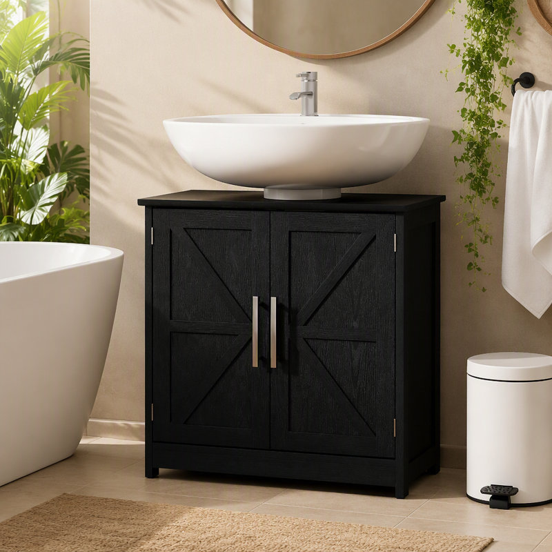 Armoire de rangement à piédestal, lavabo de salle de bain avec 2 portes de grange et tablette réglable (sans lavabo)