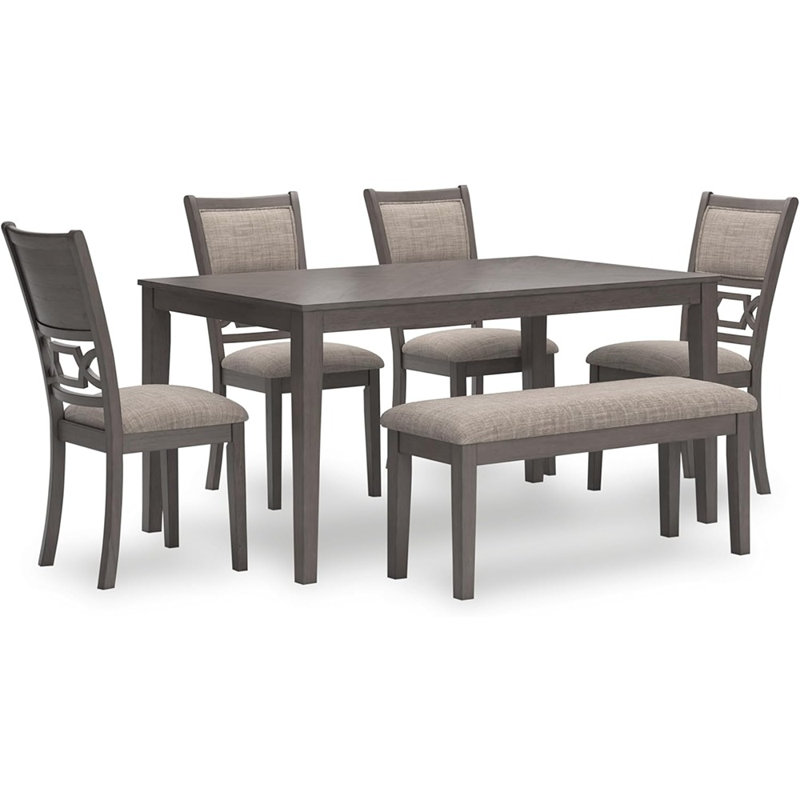 Table de salle à manger à motif de losanges moderne avec 4 chaises rembourrées et banc, ensemble de 6, gris et gris clair