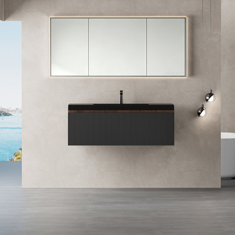 Meuble-lavabo mural moderne 36 po en noyer fumé avec plateau en quartz noir, 36"