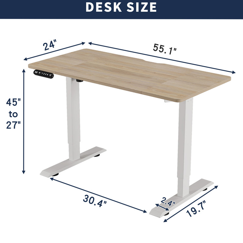 Bureau électrique à hauteur réglable pour la maison et le bureau, H 45 po x l 55 po x P 24 po, Naturel / Blanc