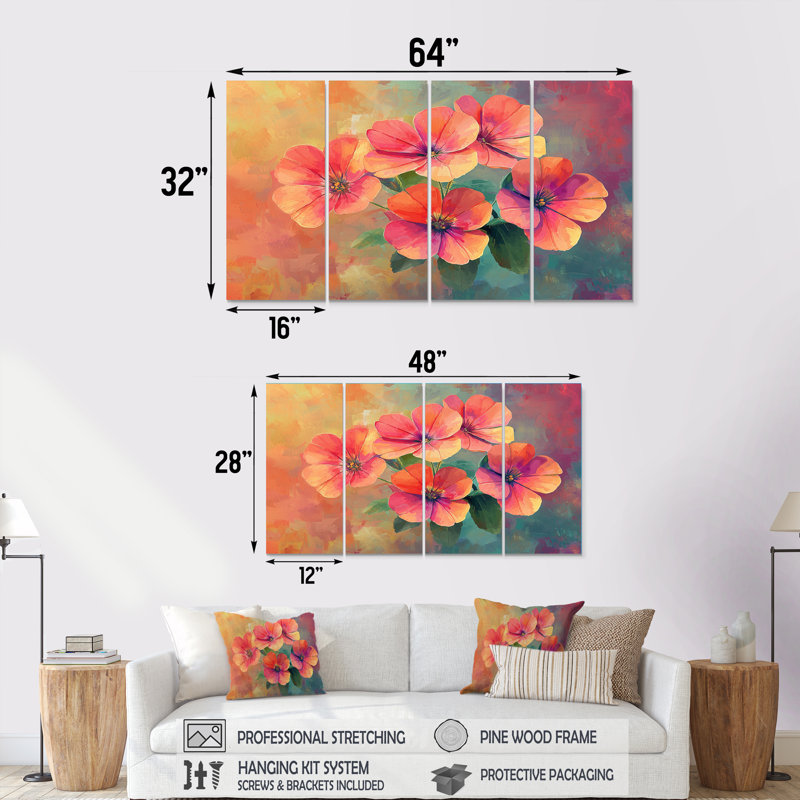 «Neon Geranium Fields Pop Art I» - Décoration murale géraniums - Art mural traditionnel, H 32 po x l 64 po, 4
