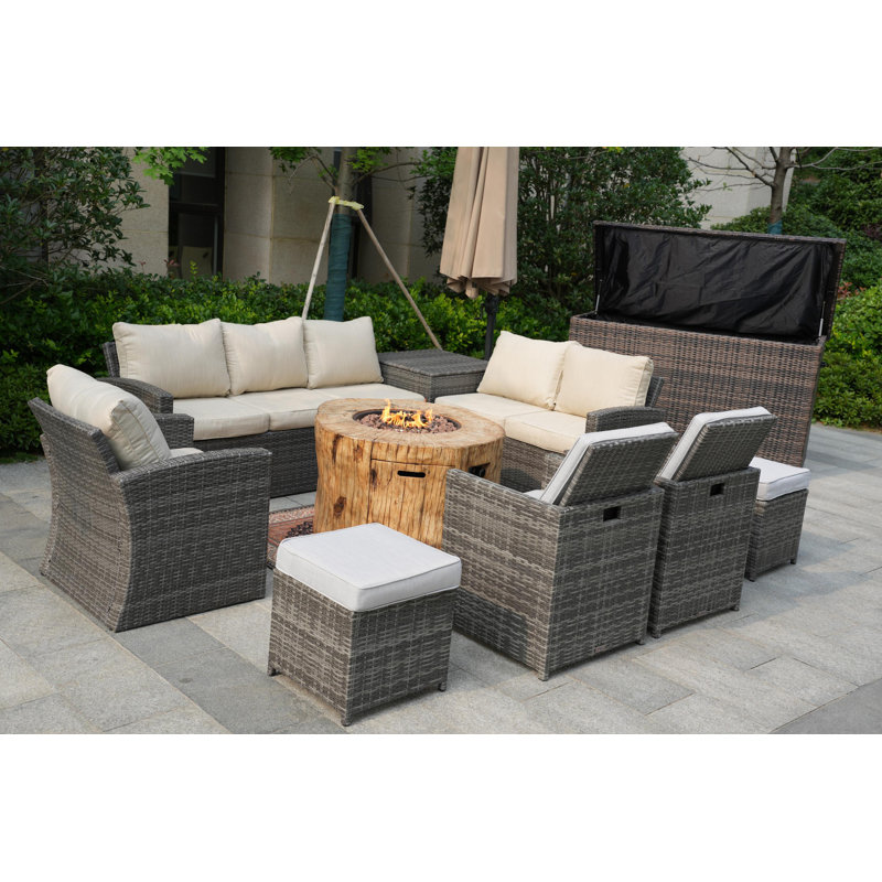 10 - Person Patio Conversation Set with Cushions, Beige/Gray, Gray