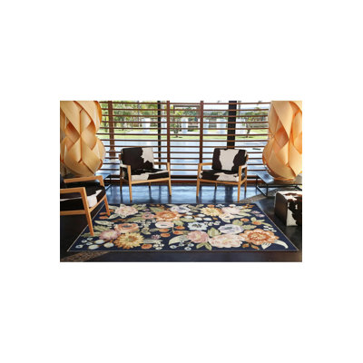 Navy Blue Themed Floral Multicolored Flower And Rose Patterned Modern Decorative Carpet