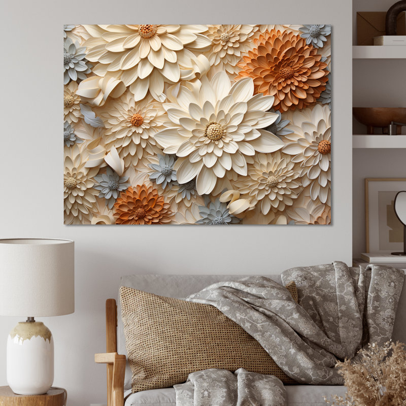 Fleurs de zinnias beiges sur toile, H 34 po x l 44 po x P 1,5 po, Toile tendue