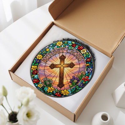 12"H Sunset Cross Stained Glass Window Panel