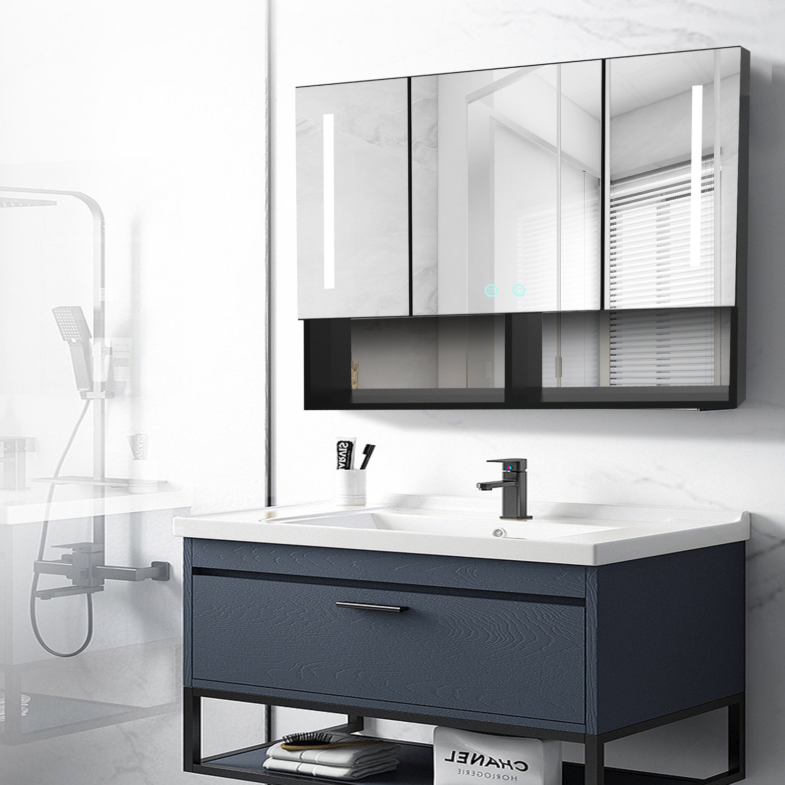 40 Black LED Lighted Bathroom Medicine Cabinet Vanity Mirror with Storage & Glass Door