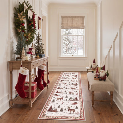 Winter Lodge & Deer Christmas Animal Print Ivory / Brown Low-Pile Washable Area Rug for Bedroom