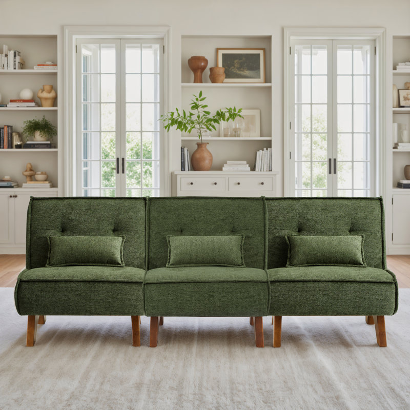 Canapé modulaire rembourré 3 pièces avec base en bois massif et coussins Drayk, Polyester vert