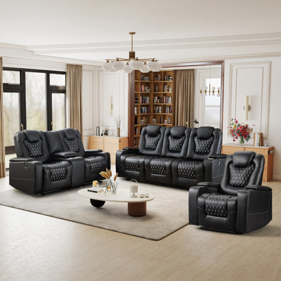 Rusnak 3- Piece Contemporary Faux Leather Power Reclining Home Theater Seating Living Room Set  With USB & Arm Storage & Cupholders