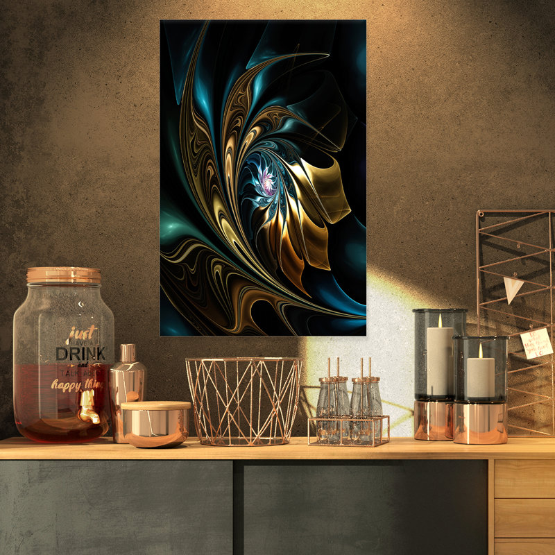Fleur noire dorée moderne - art mural fleur fractale, impression avec fleur noire, H 20 po x l 12 po, Toile tendue