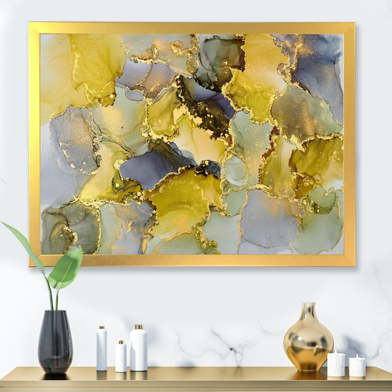 Vert luxueux abstrait fluide V - peinture sur toile, H 30 po x l 40 po x P 1,5 po, Cadre doré