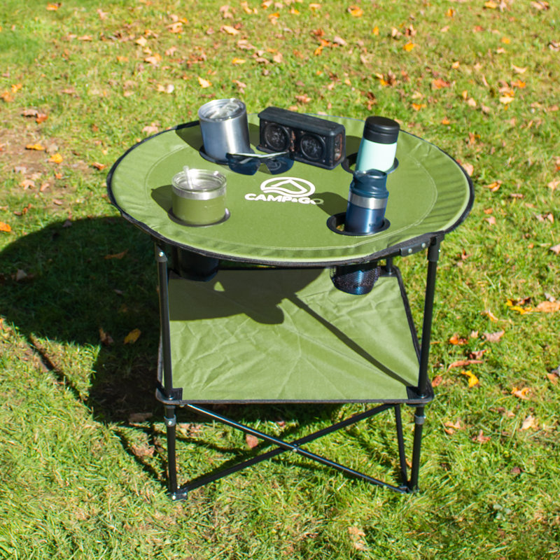 Moss Green Round Portable Folding Table with Cup Holders