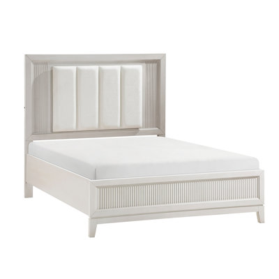 Grand lit à finition blanc antique, tête de lit à DEL et coussin rembourré, pièce de chambre à coucher pour lit en blanc, article de décoration moderne