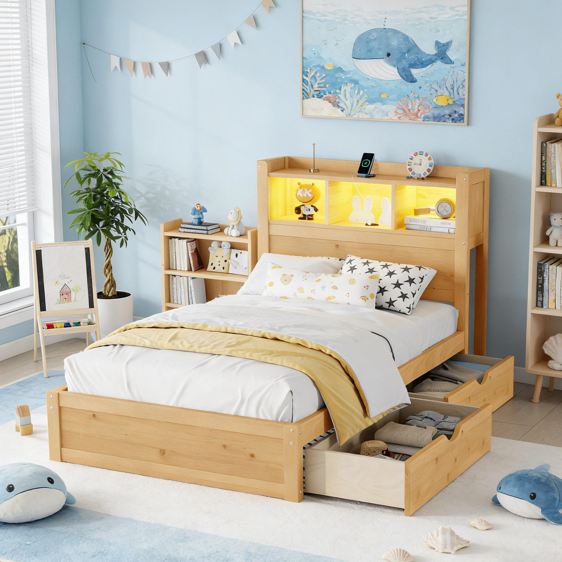 Latitude Run® Bed With Drawers, Wood Twin Bed With Storage Headboard ...