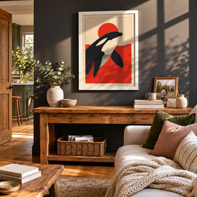 Whales Under Red Sun Mid-Century - Framed Print