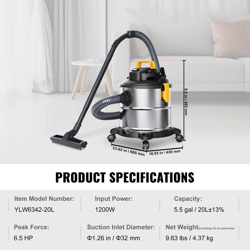 Aspirateur eau et poussière en acier inoxydable, 20 litres, 6 CV (puissance maximale), aspiration puissante avec fonction souffleur et accessoire suceur plat 2 en 1, petit aspirateur idéal pour les débris sur les tapis et les poils d'animaux