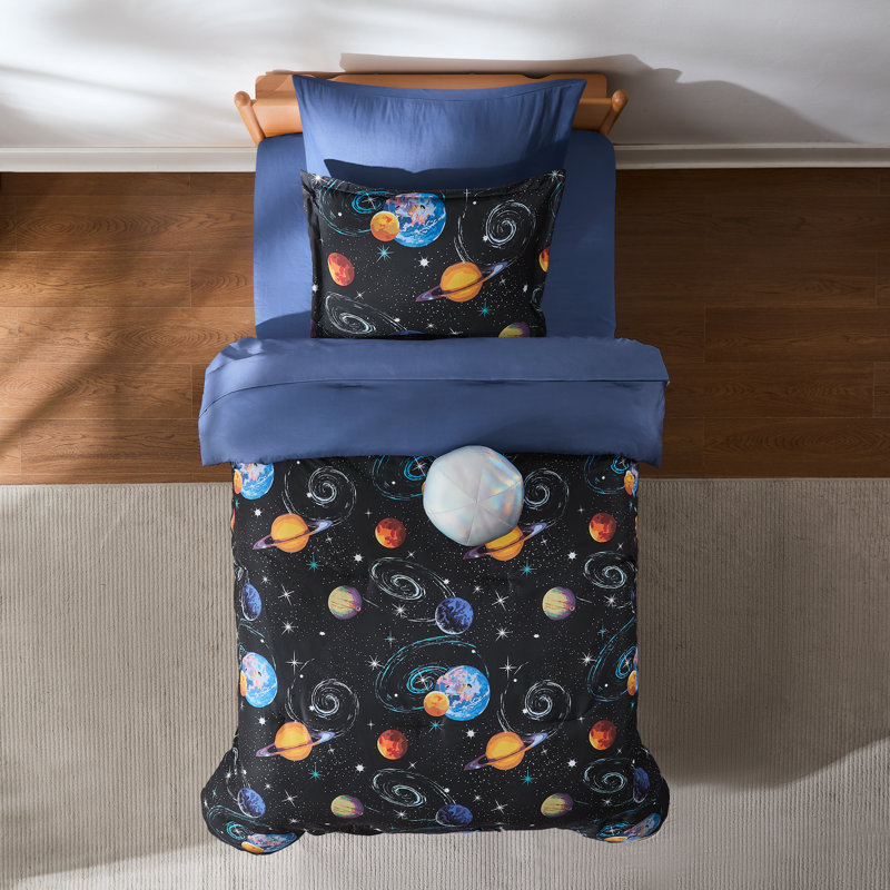 Mysterious Universe Black/Navy Comforter Set,  Twin Comforter + 5 Additional Pieces
