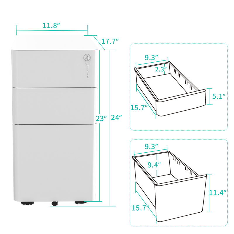 Gwendolyn 11.8'' Wide 3 -Drawer Mobile Steel File Cabinet, White