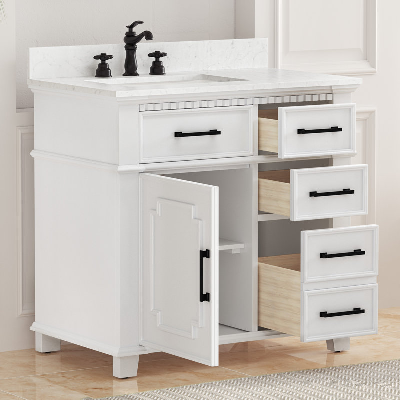 Keira 36" Single Bathroom Vanity With Marble Top, White/Matte Black