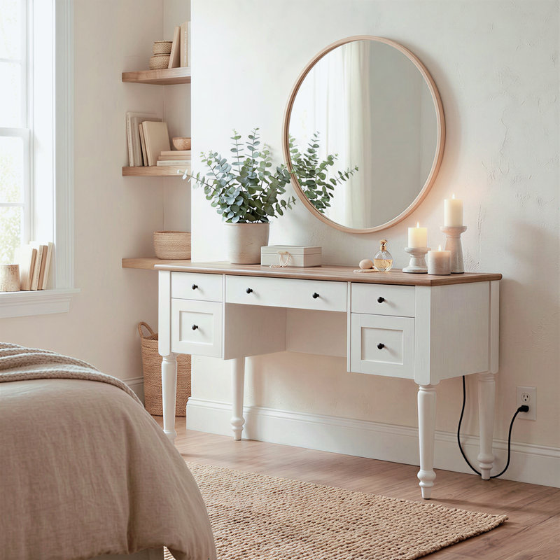 White Makeup Vanity Desk With 5 Drawers, Charging Station, Rear Cabinet & Open Shelf, No Mirror, 56", Brown/White