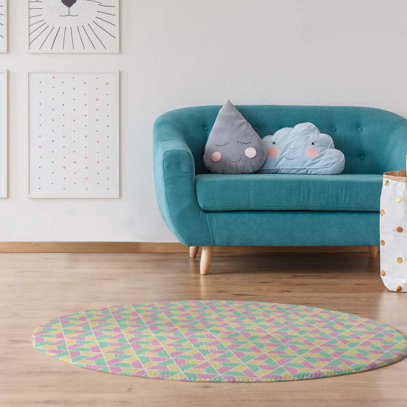 Tapis vert/prune/zone jaune trapézoïdales, Rond 5 pi