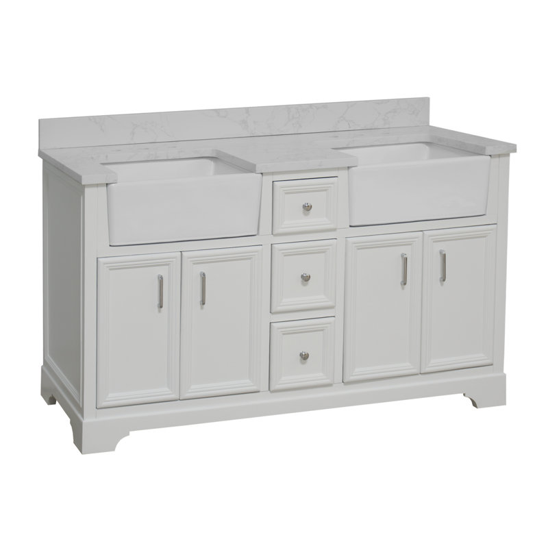 Ensemble de meuble-lavabo double 60 po Emiliano, Blanc, Carrare d'ingénierie
