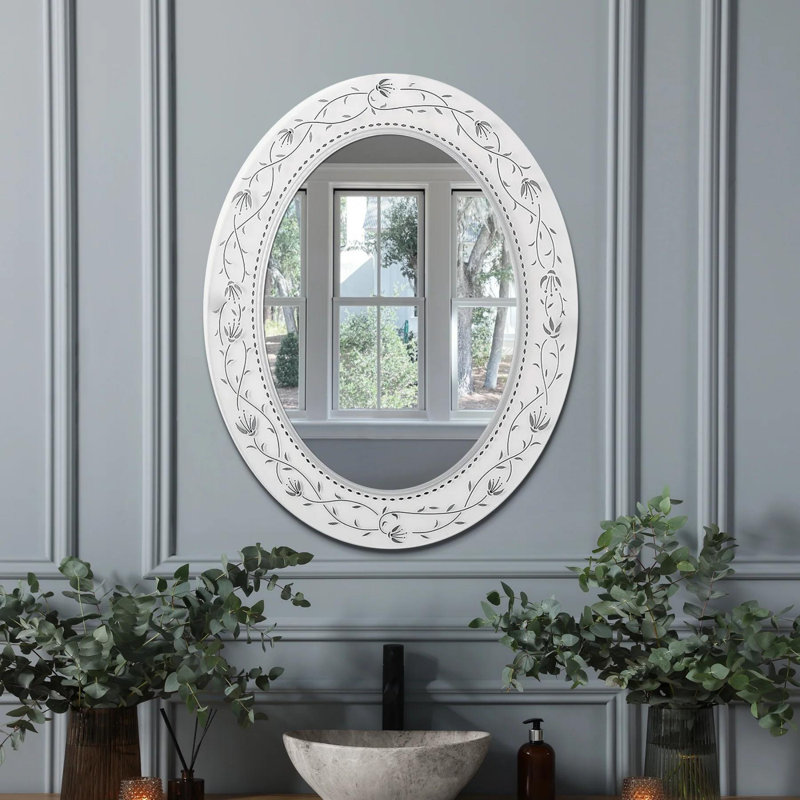 Ashong Oval Mirror with Frosted White Glass Frame and Etched Flowers - 29x23"