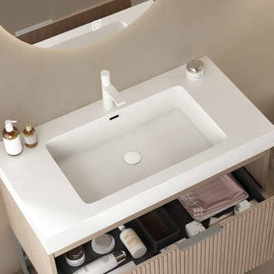 36" Rectangular Bathroom Undermount Basin - White Solid Surface, Modern Scandinavian, Scratch Resistance, Wear Easy To Clean, Faucet Hole 1.38Inch, Overflow, Sink Cover & Drain Pipe Included,