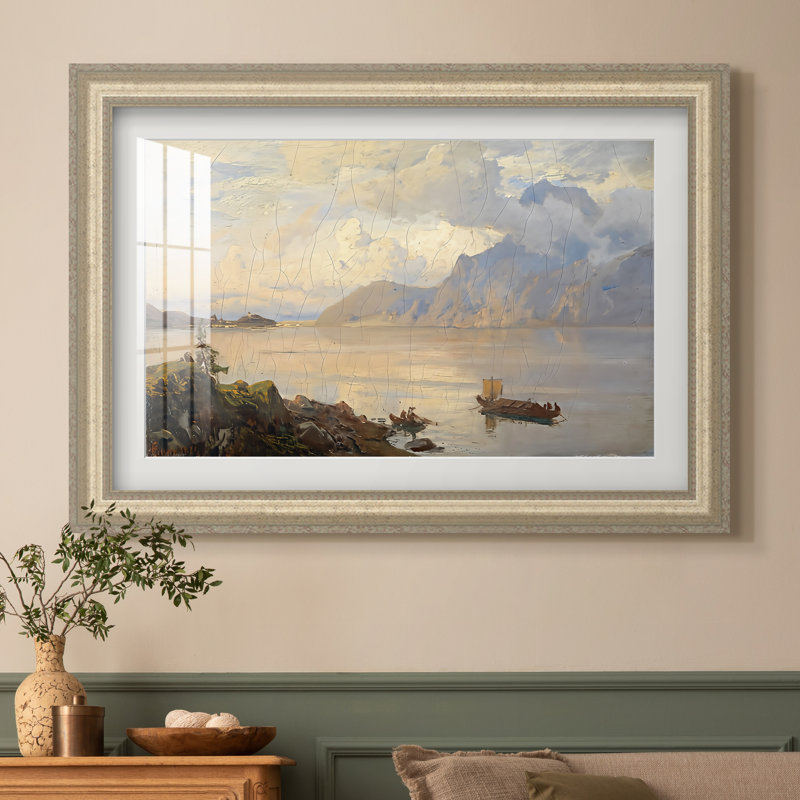 Traunsee, 1871 - Hans Gude - Estampe encadrée sur mesure, 20x28 INNER SIZE, Framed Print with Mat, Champagne Leaf Relief