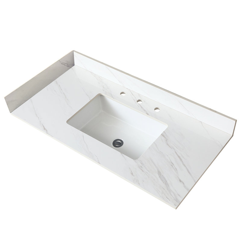 Meuble-lavabo en pierre frittée blanche 37 po - lavabo central rectangulaire, dosseret de 4 po, trous de robinet pré-percés, pierre de comptoir classique de 37 pouces, ajout chic